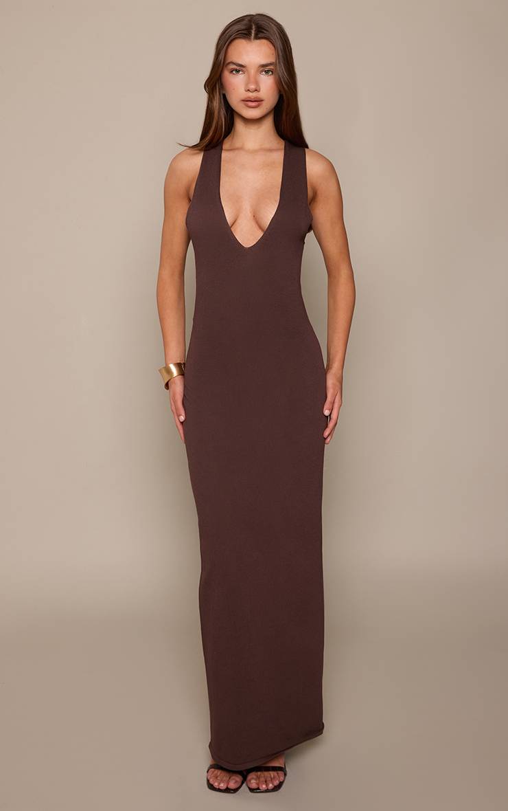 Chocolat Robe Maxi Maille Fine Détail Croisé