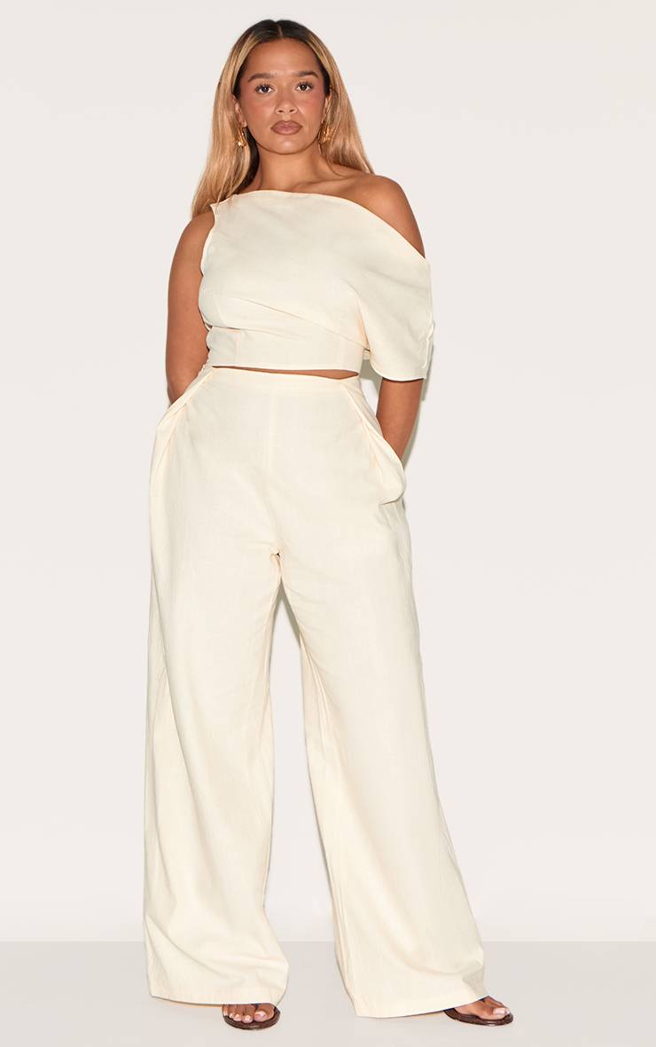 Crème Pantalon Large Plissé Taille Haute Aspect Lin Ensemble Coordonné Shape