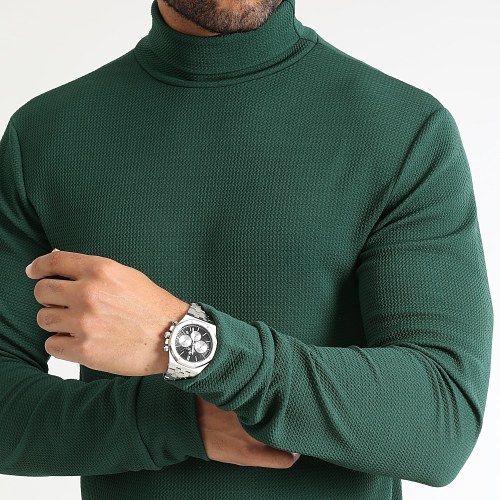 Pull Col Roulé Texturé Waffle 0541 Vert Bouteille