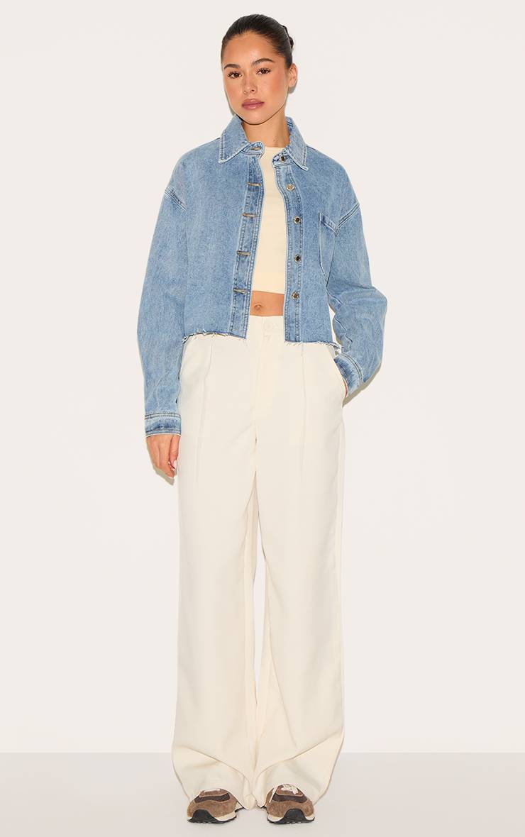 Mid Blue Wash Chemise En Denim Raccourcie À Ourlet Brut