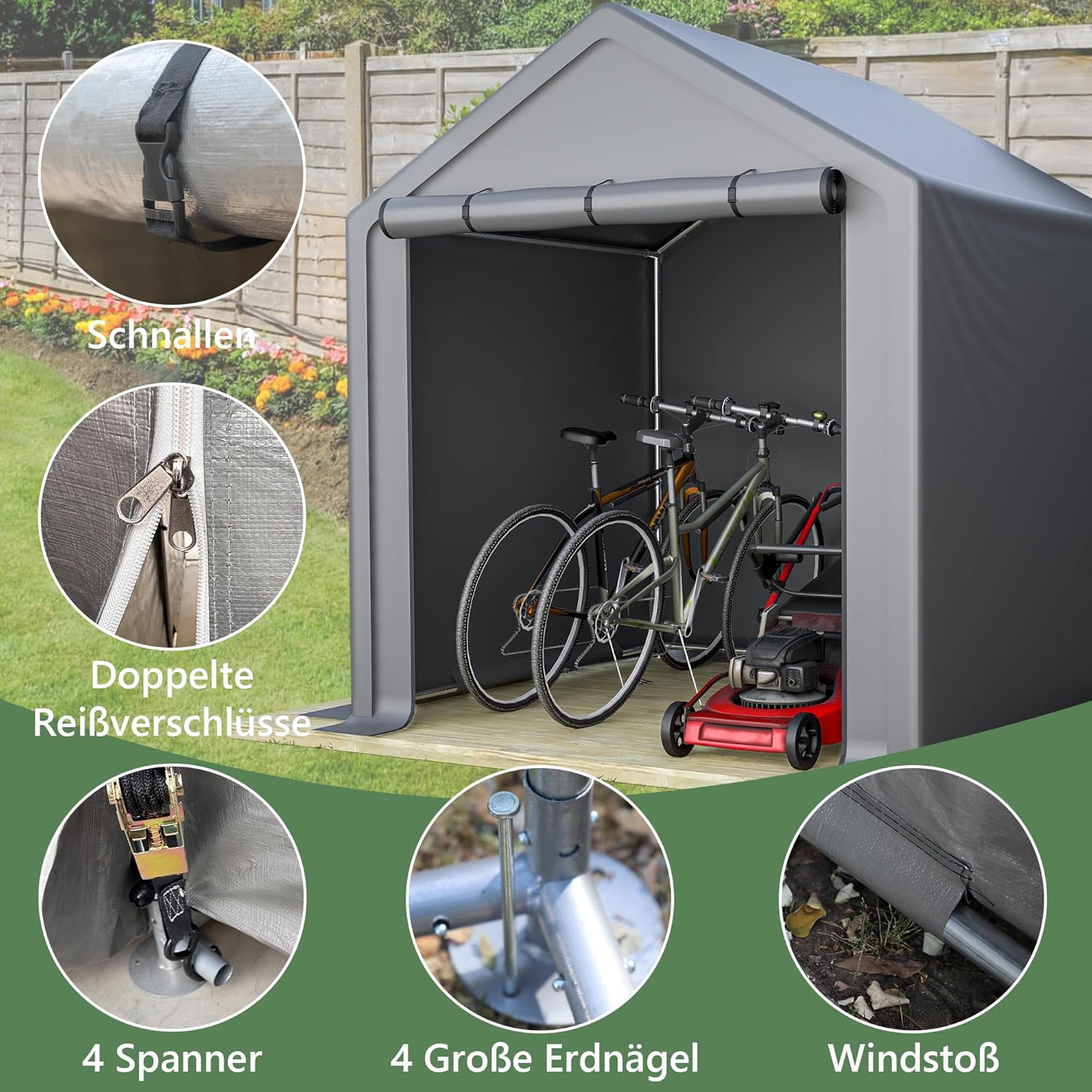 Geräteschuppen – Fahrradgarage & Lagerzelt mit Rolltor – Wetterfestes Gartenhaus & Werkzeugzelt aus Stahlrahmen & PE-Plane – Outdoor Aufbewahrung Dunkelgrau (190 x 170 x 200 cm)