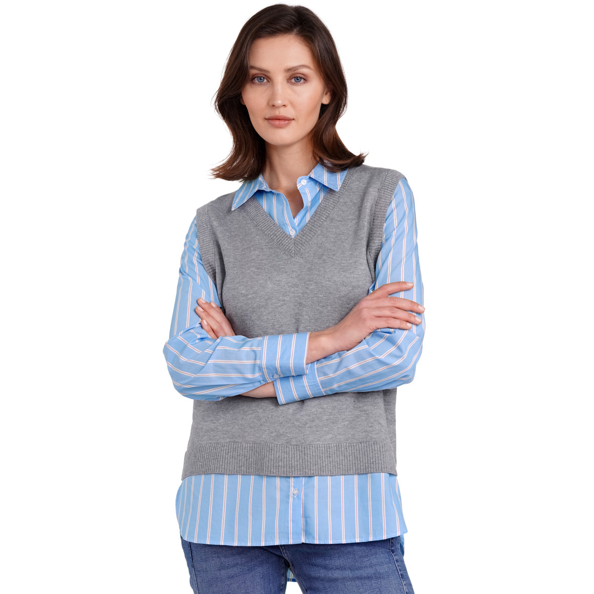 Gina Benotti Damen Strickpullunder im Layer-Look grau
