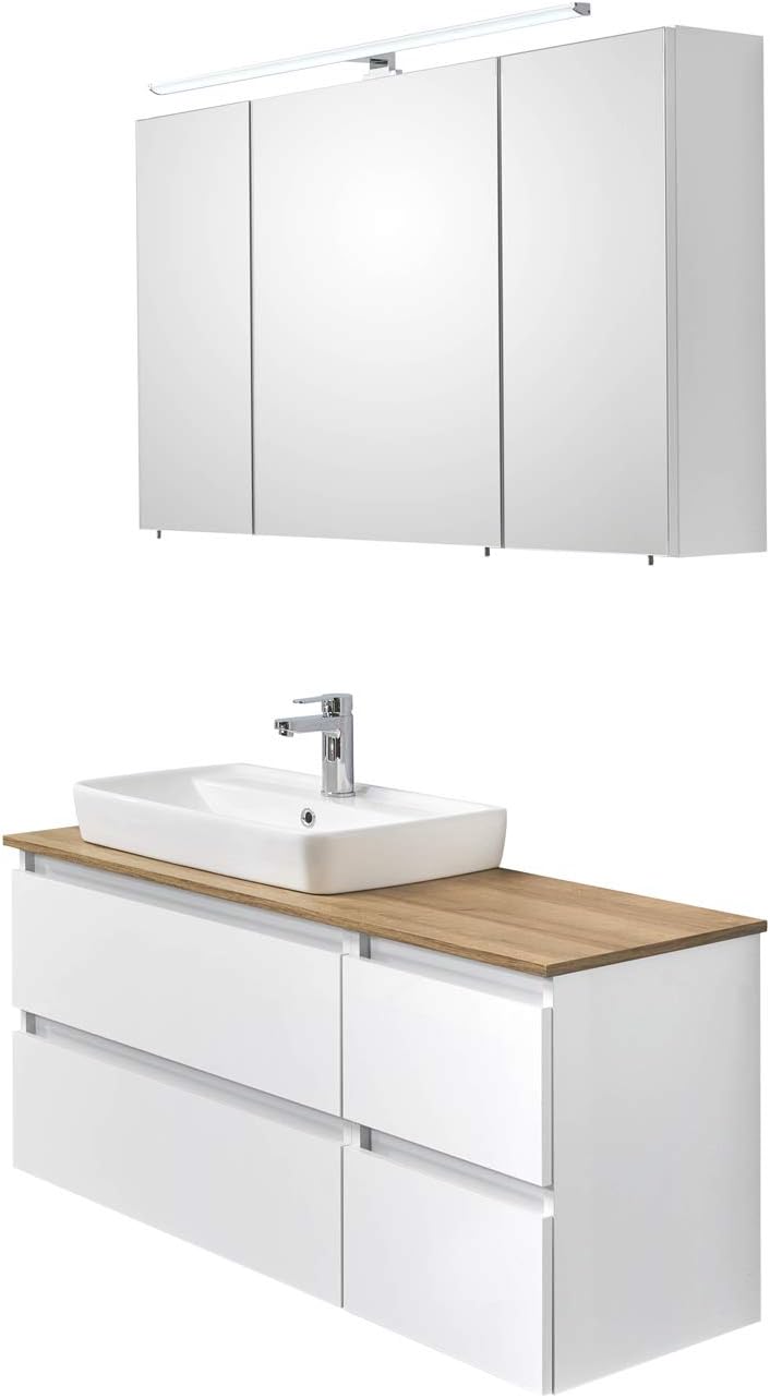 Pelipal - BALU 13 - Badmöbel-Set Quickset 360-110 cm - Keramik-Aufsatzwaschbecken - Badset, Komplettset, 3-teilig mit LED Spiegelschrank usw. in weiß Glanz/Riviera Eiche quer