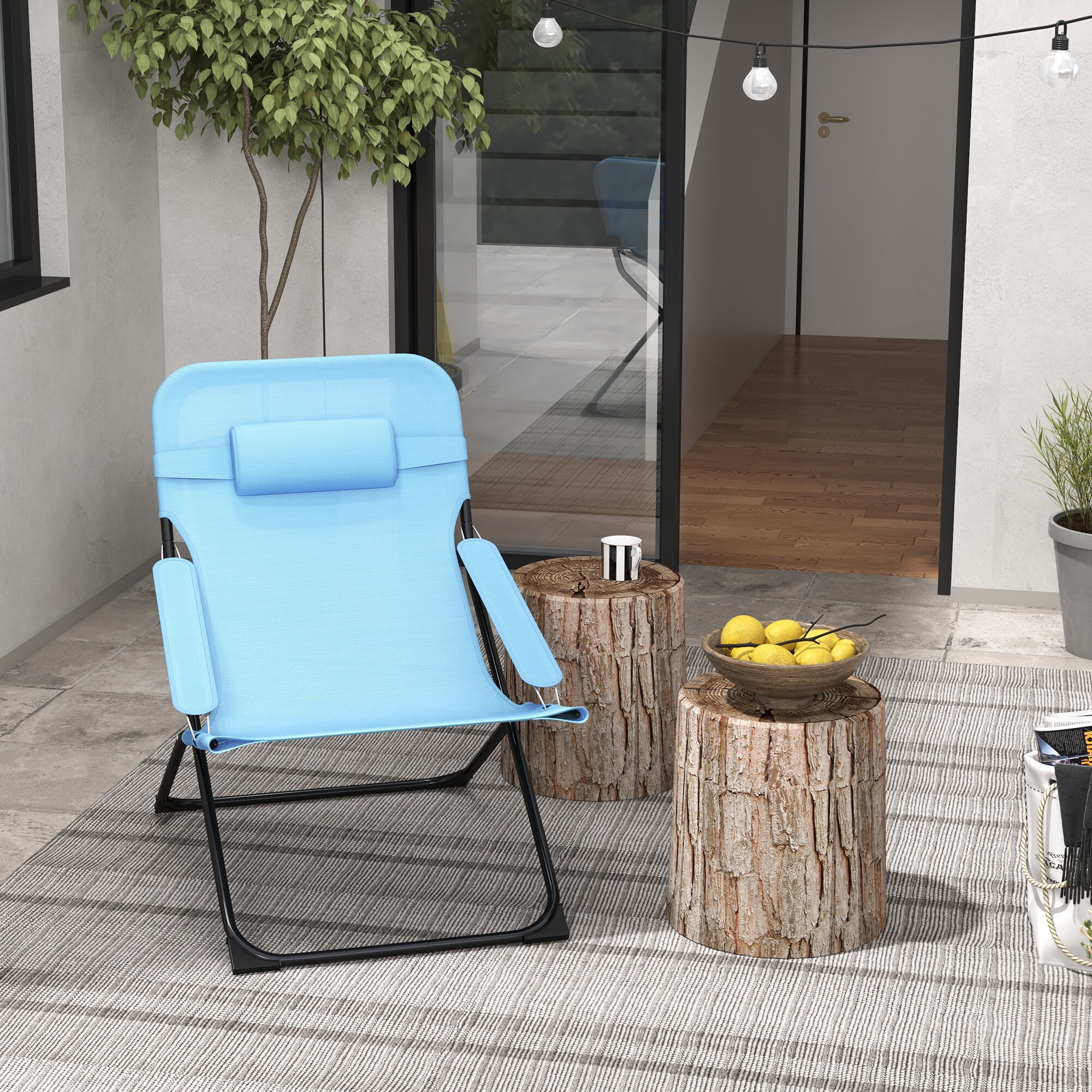 Outsunny Klappstuhl mit 4-stufiger Rückenlehnenverstellung und Kopfkissen blau 69L x 91B x 96H cm