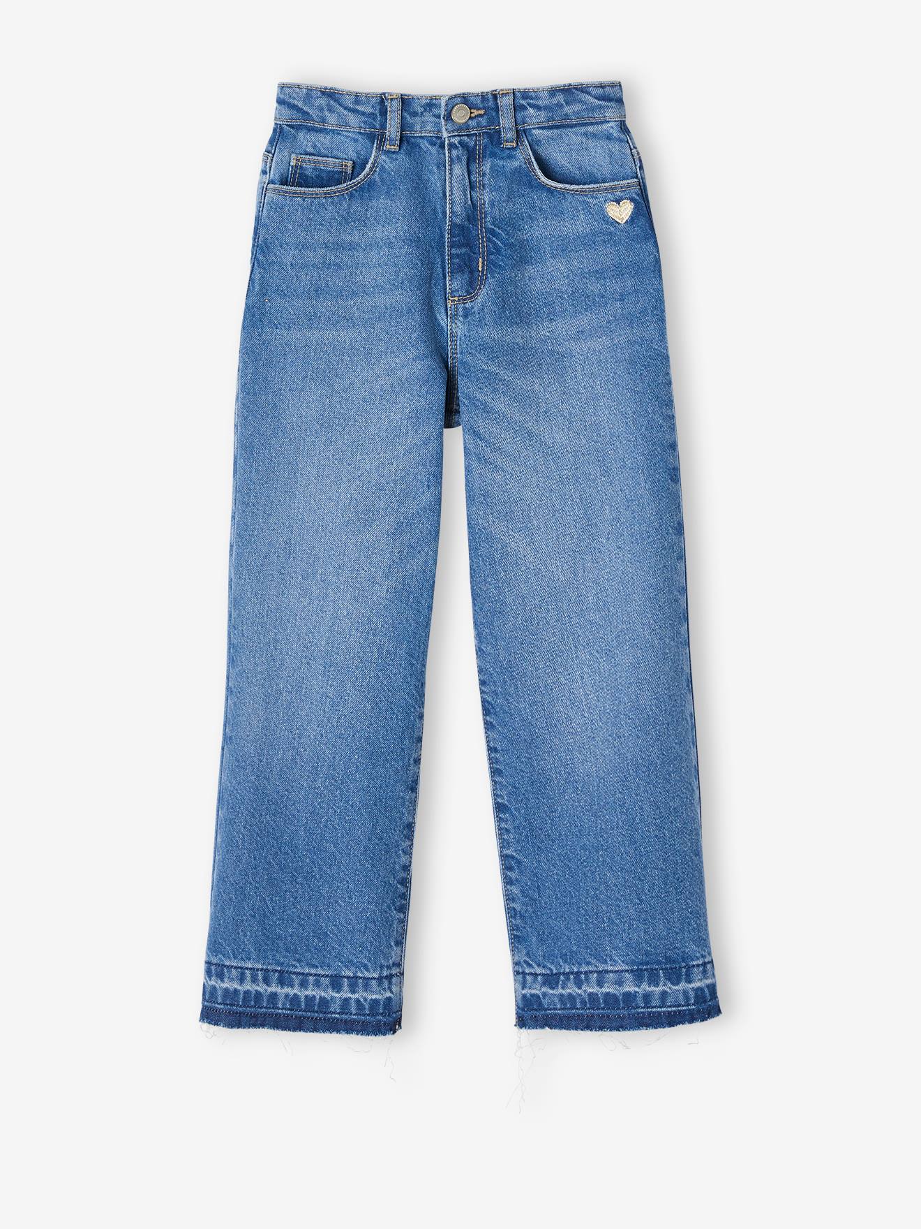 Calça jeans de perna larga com barra desfiada para meninas, jeans azul