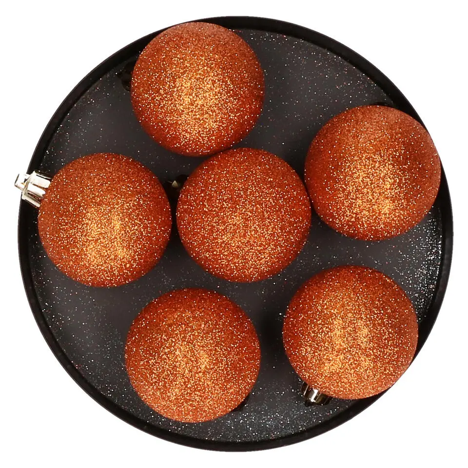 Cosy & Trendy Kerstballen - 6x st - oranje - glitters - 8 cm