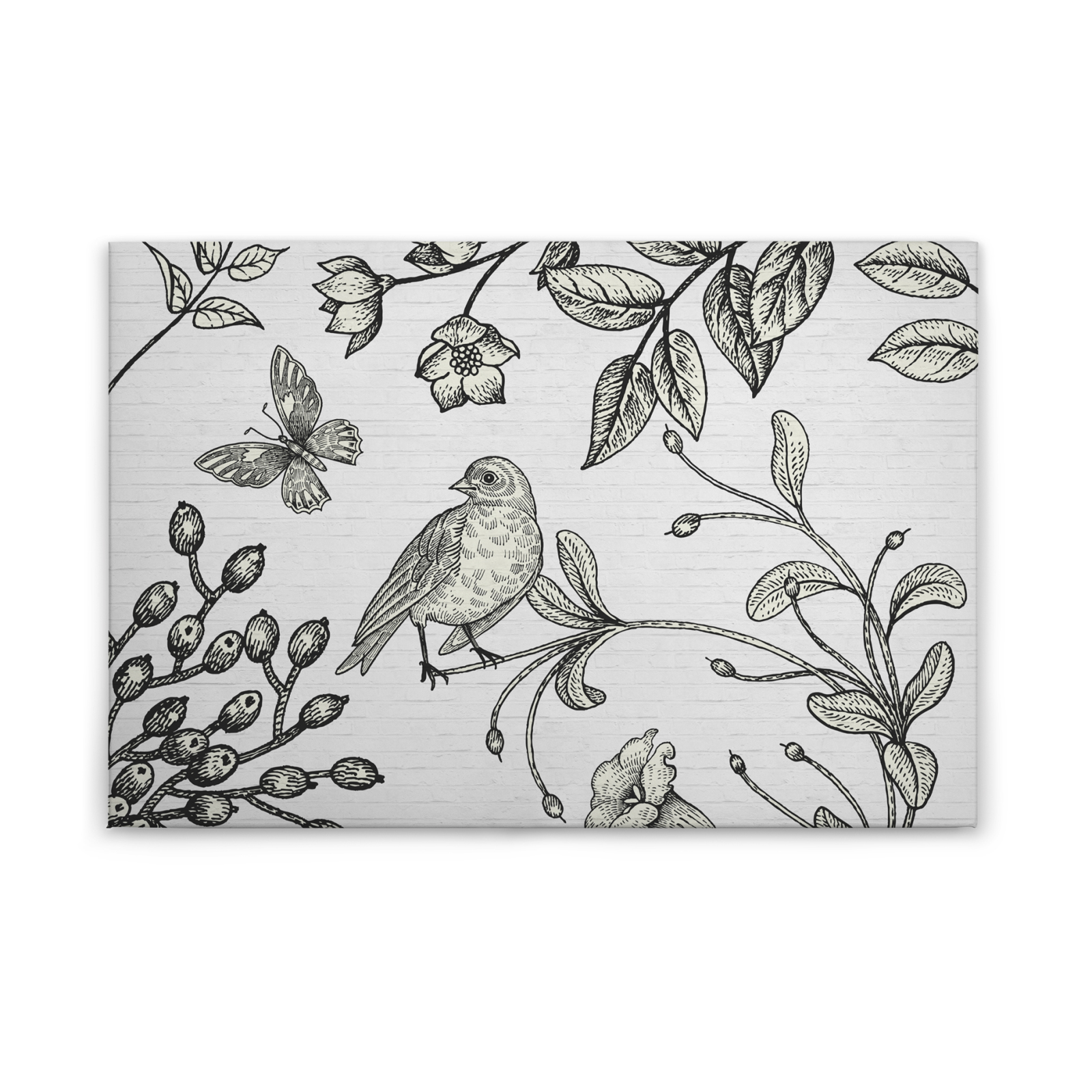 Leinwandbild VOGEL AUF BLUME 2 - schwarz-weiß - 90x60 cm