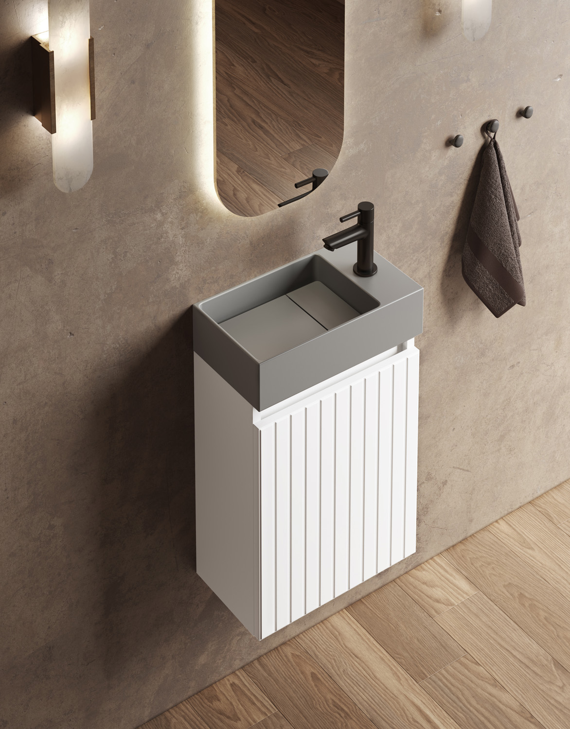 Fontana Itsie toiletmeubel mat wit ribbelfront 40cm met fontein in mat grijs