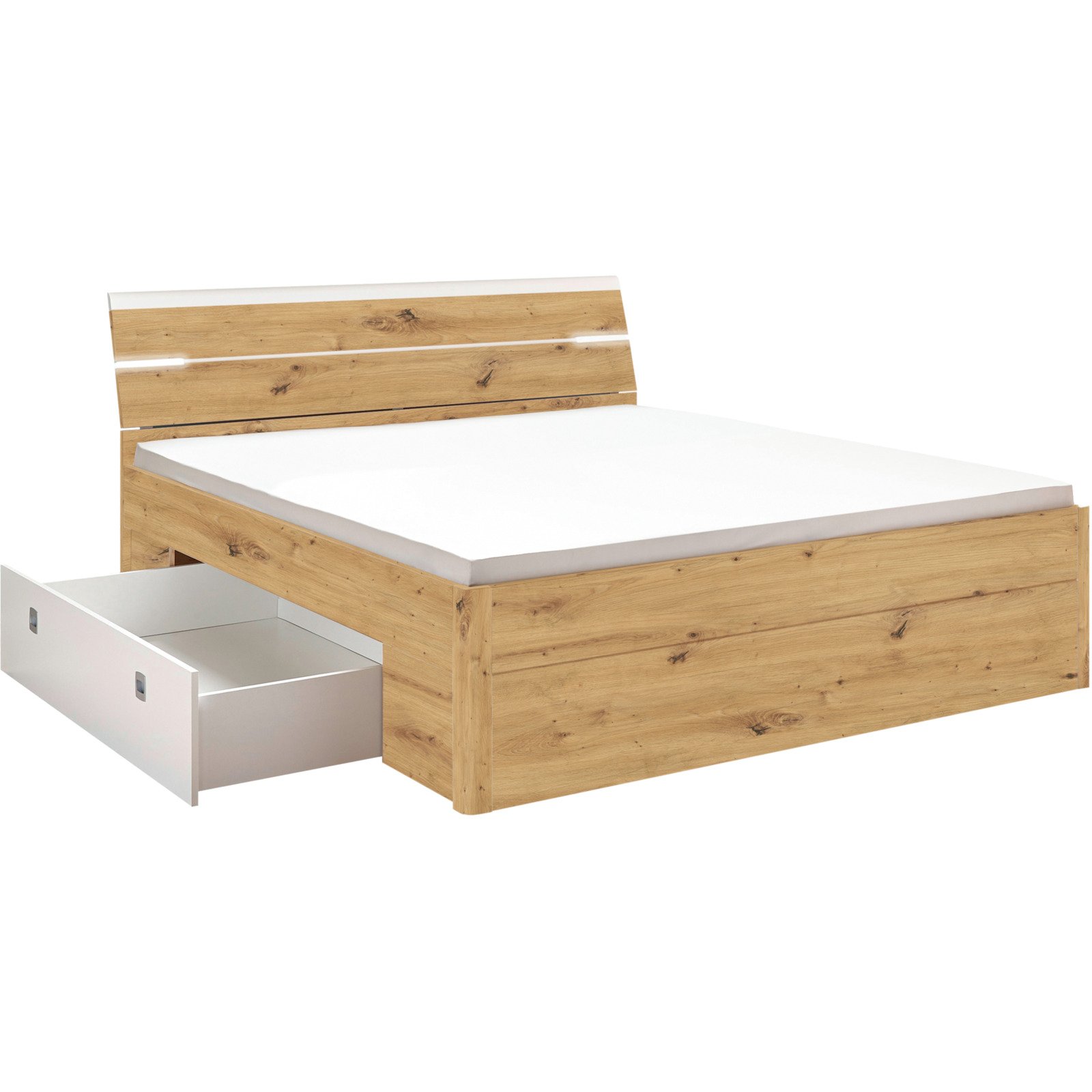 Bett Mars Dekor Artisan Eiche/weiss 180 x 200 cm, mit Stauraum und Nachttisch