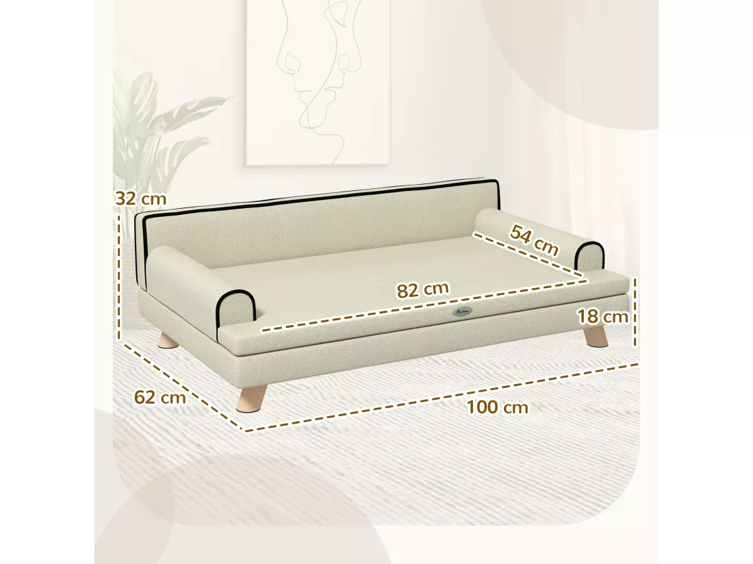 Canapé chien lit pour chien design scandinave coussin moelleux piètement bois dim. 100L x 62l x 32H cm polyester beige