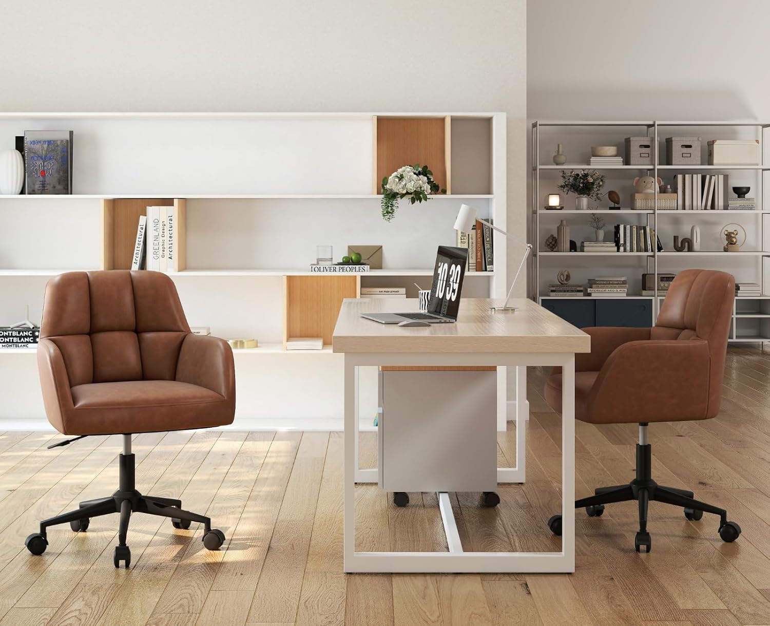 Bürostuhl PU-Kunstleder mit Rollen, Drehstuhl höhenverstellbar Schreibtischstuhl Dicker Rückenlehne Homeoffice Stuhl komfortabler für Arbeitszimmer, Schlafzimmer,Braun