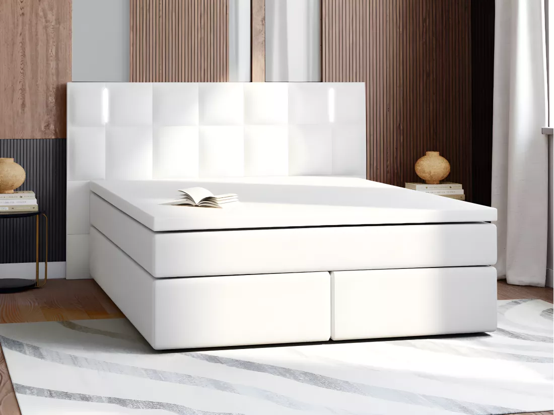 Ensemble complet boxspring tête de lit avec leds + sommiers + matelas + surmatelas - 160 x 200 cm - Simili - Blanc - BILBAO de YSMÉE