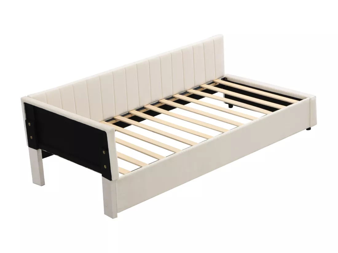 Lit simple rembourré 90x200 cm - tissu en velours - avec sommier à lattes - Beige