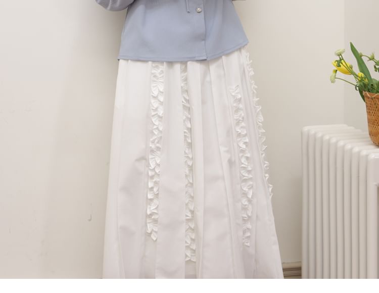 Damzelle - Blouse met lange mouwen, opstaande kraag, volantrand, strik aan de voorkant en knoopjes