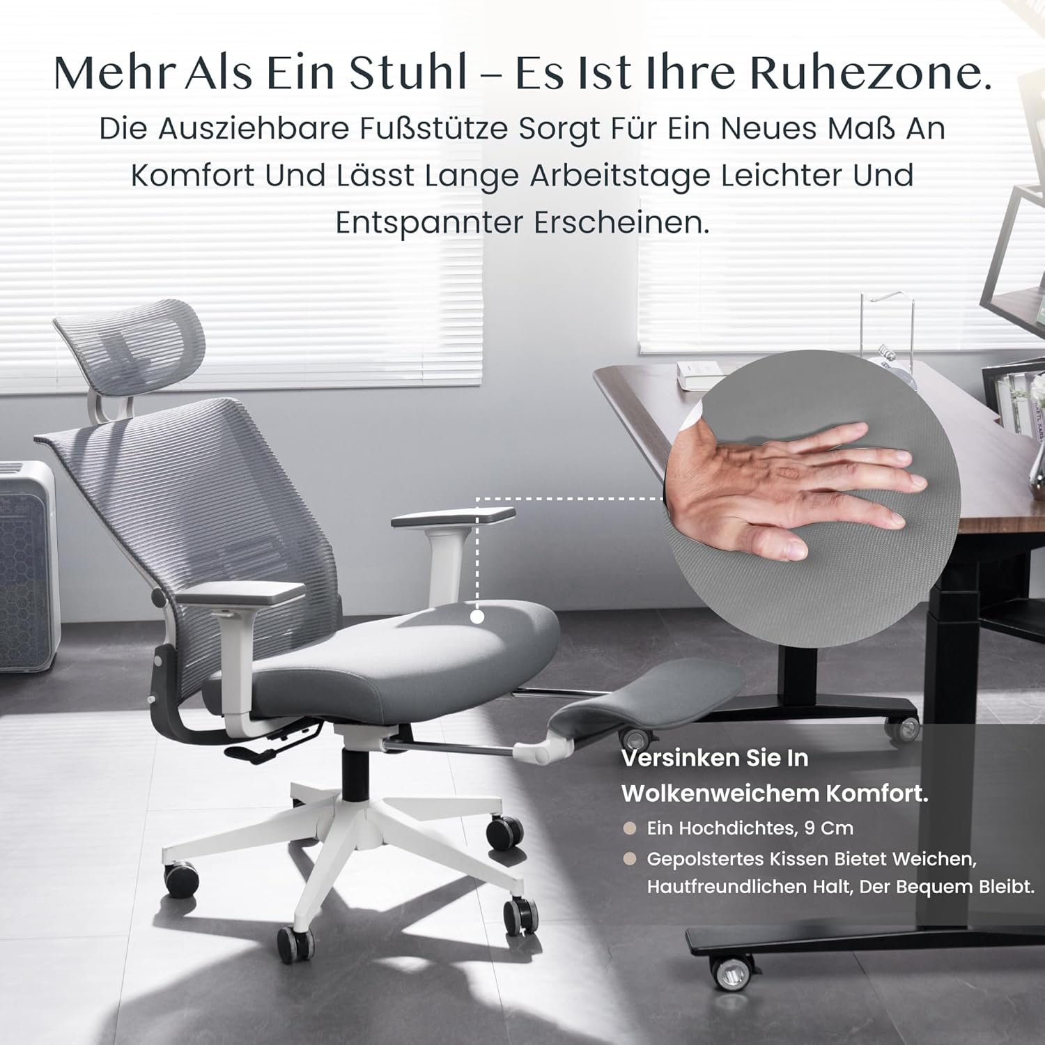 FLEXISPOT Ergonomischer Bürostuhl, Foldex, klappbarer Bürostuhl für Kleine Räume mit Lendenwirbelstütze, Höhenverstellbaren Armlehnen, 2D Kopfstütze, Schreibtischstühle mit Fußstütze Grau