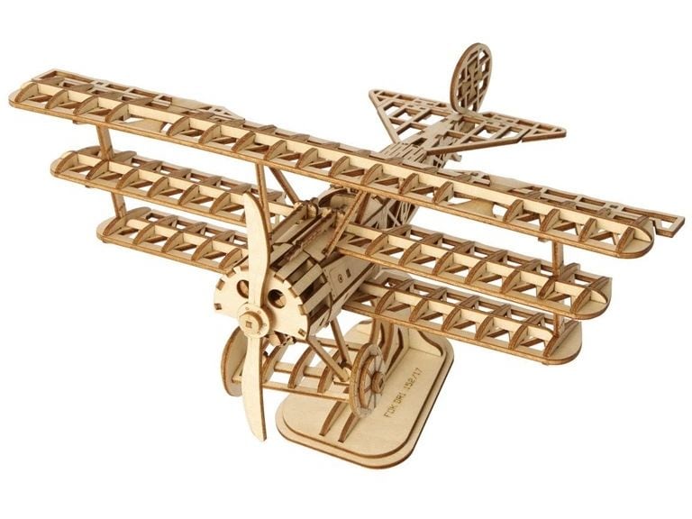 RoboTime Bausatz Flugzeug Doppeldecker 3D-Puzzle aus lasergeschnittenen Holzteilen