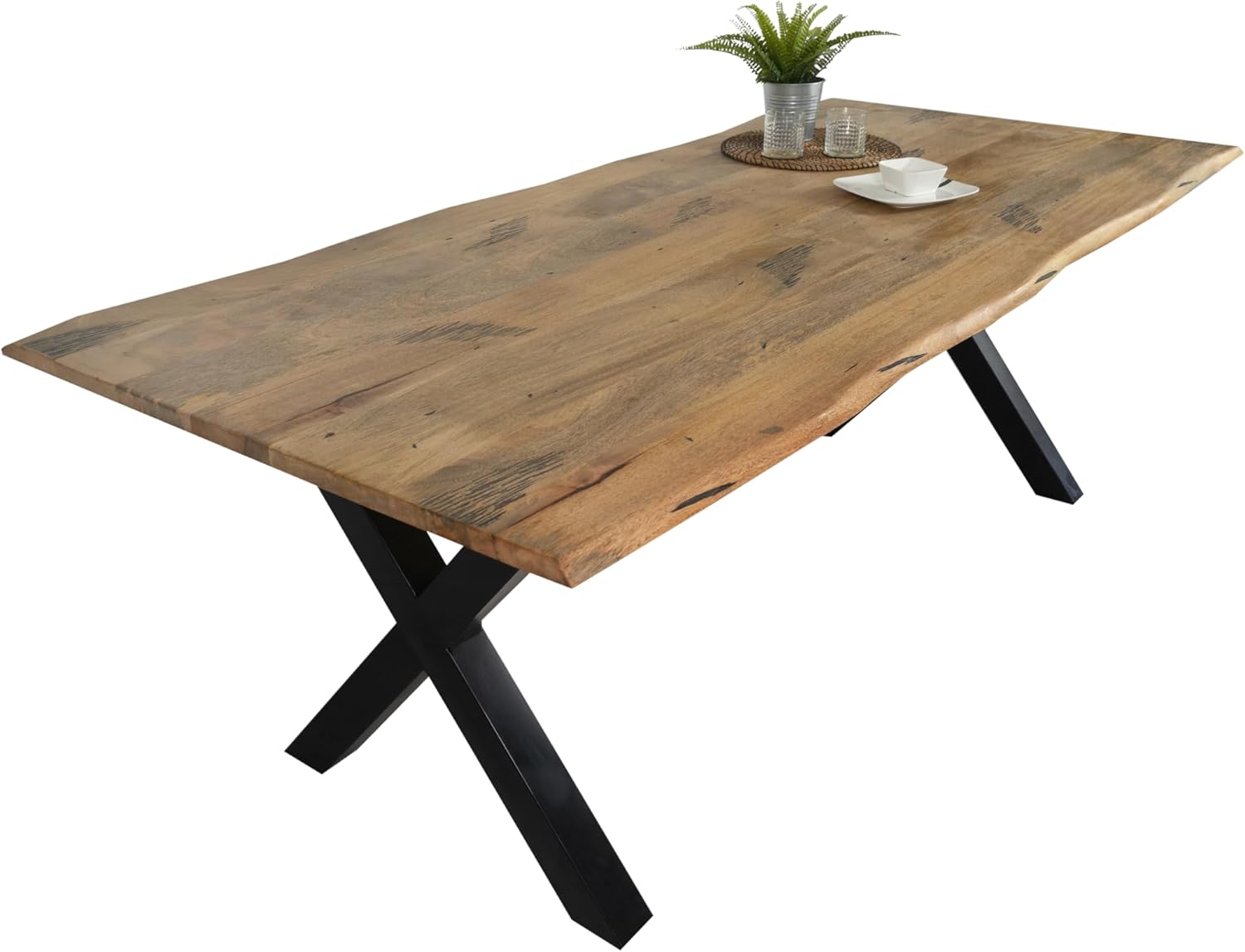 SAM Esstisch Tiger 200 x 100 cm, Mangoholz massiv & naturfarben, Baumkantentisch mit X-Metallgestell in Schwarz, echte Baumkante, Esszimmertisch in Vintage-Optik