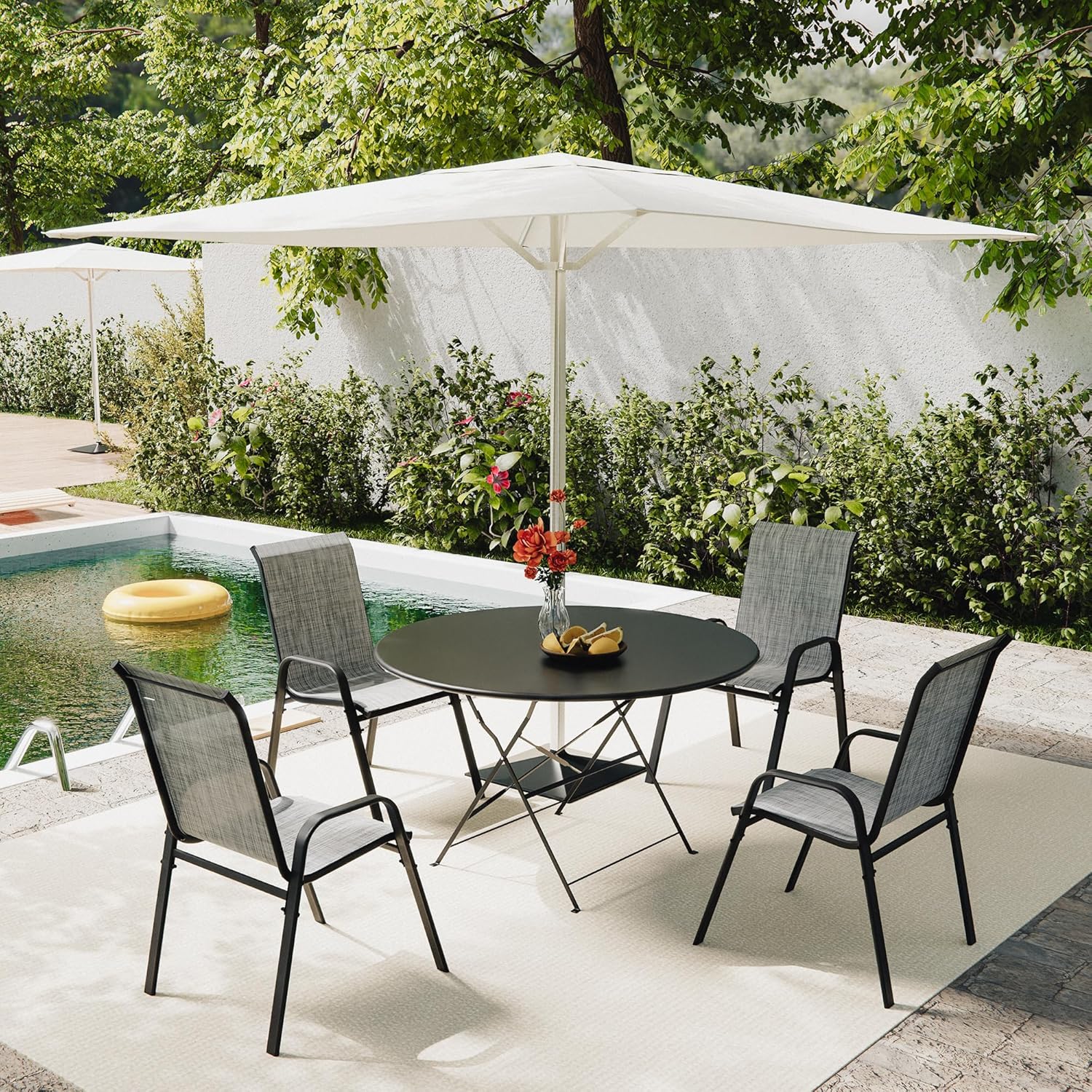 ALAULM Hochlehner Gartenstühle 4er Set Stapelbar, Wetterfeste Terrassenstühle mit Armlehnen, Atmungsaktives Textilene & Stahlgestell für Garten, Balkon, Terrasse, Poolbereich (Grau)