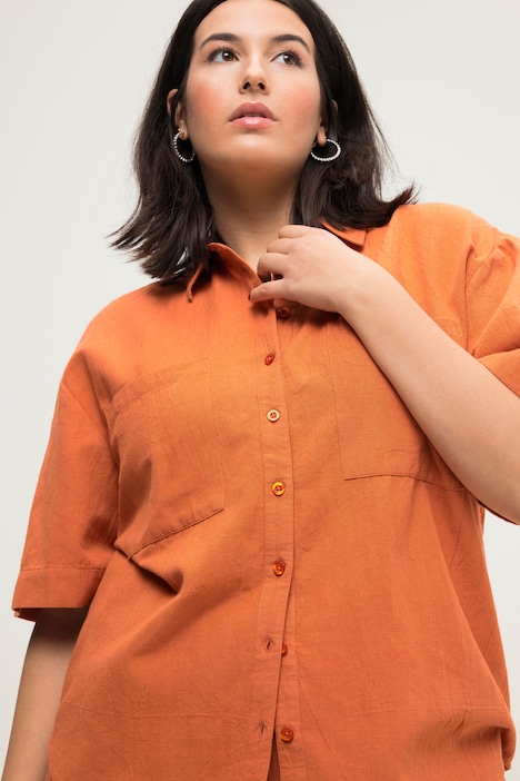 Leinenmix-Bluse, oversized, Hemdkragen, Halbarm