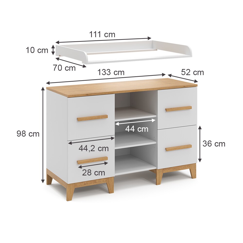 VitaliSpa Wickelkommode Malia XL 133 x 70 cm, Weiß Eiche, Wickeltisch, Wickelauflage