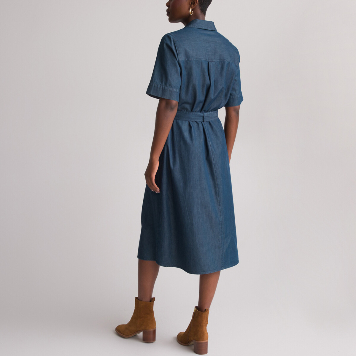 ANNE WEYBURN<br>Vestido jeans com estampa de bandeiras, comprimento midi, 3/4