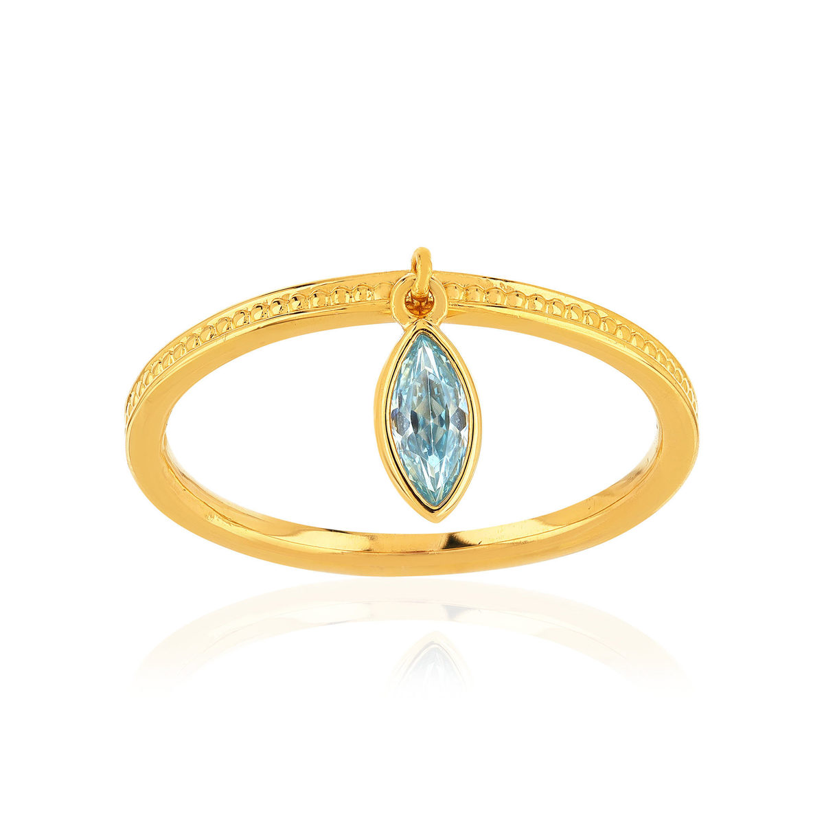 Bague plaqué or jaune perlée, pampille zirconia bleu