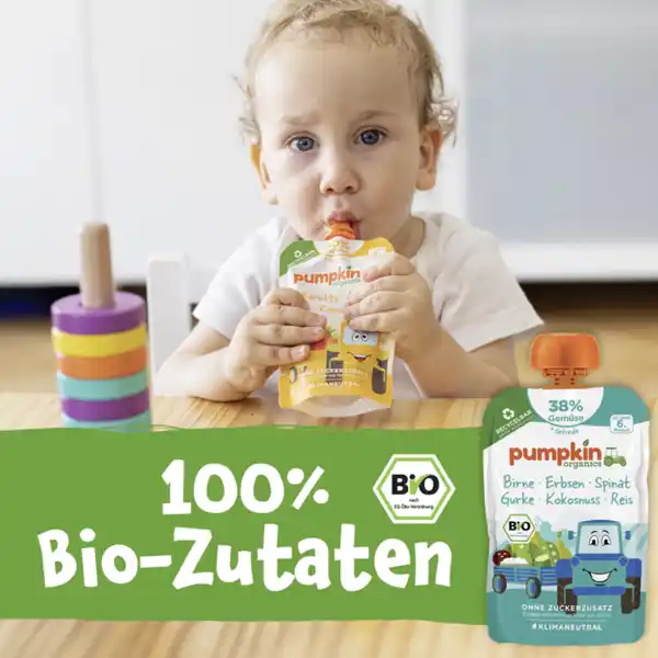 Bio Quetschie mit Birne, Erbsen, Spinat, Gurke, Kokosnuss & Reis