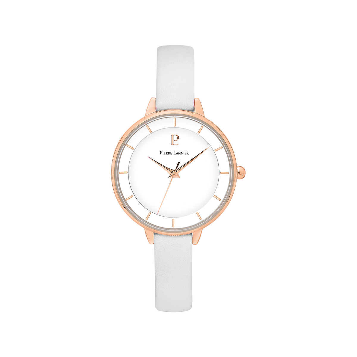 Montre PIERRE LANNIER femme acier doré rose bracelet cuir blanc