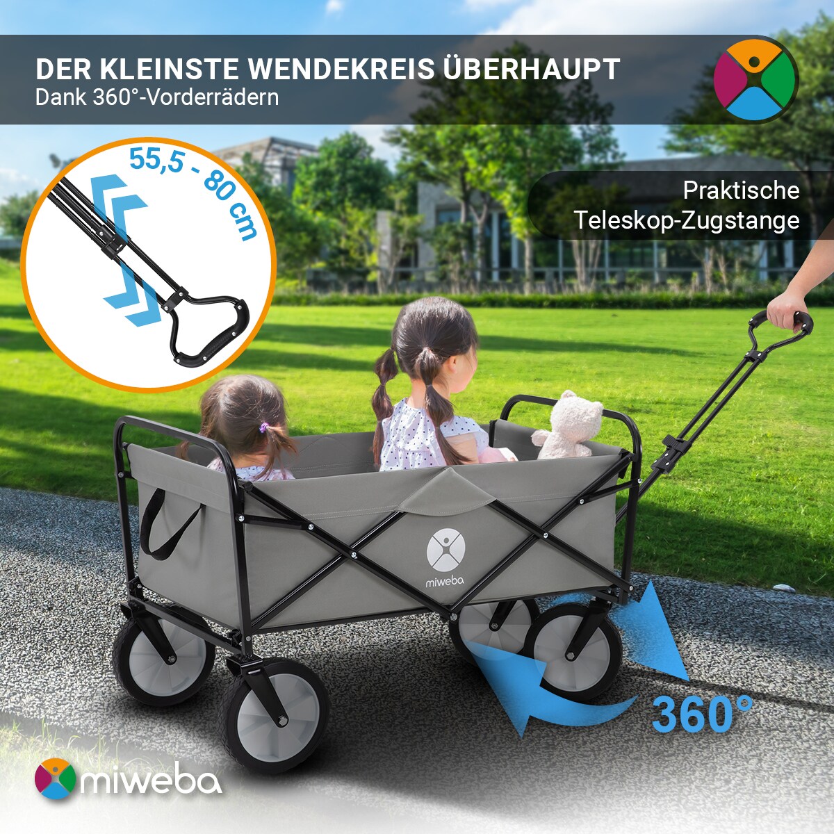 Miweba Bollerwagen MB-35, faltbar, bis 120 kg, Teleskop-Lenkstange, 360°-Räder, Tasche, Stahlrahmen (Grau)