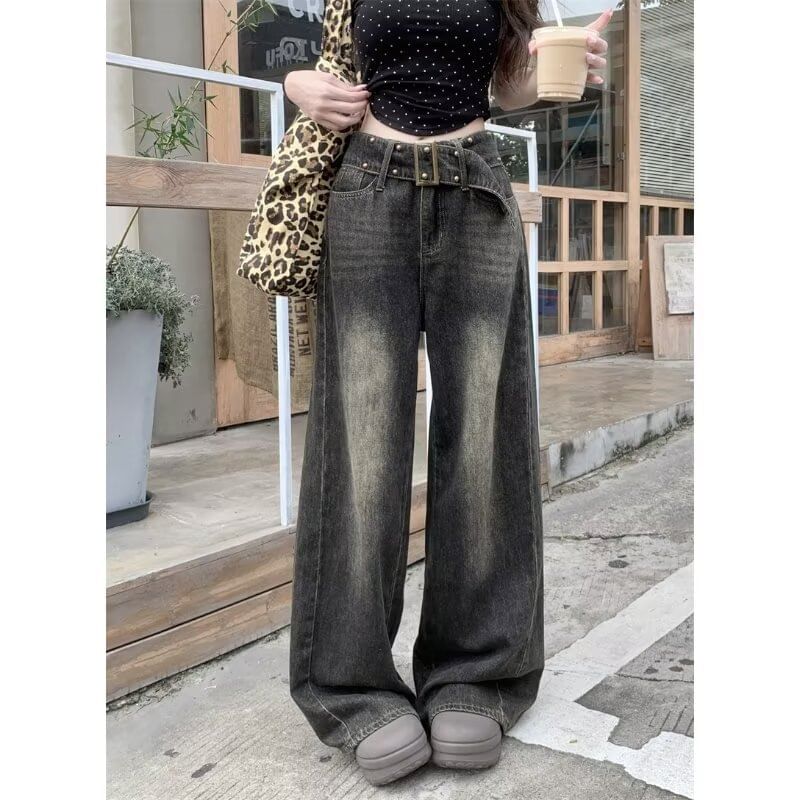 Cossita - High Waist Washed Wide Leg Jeans met riem