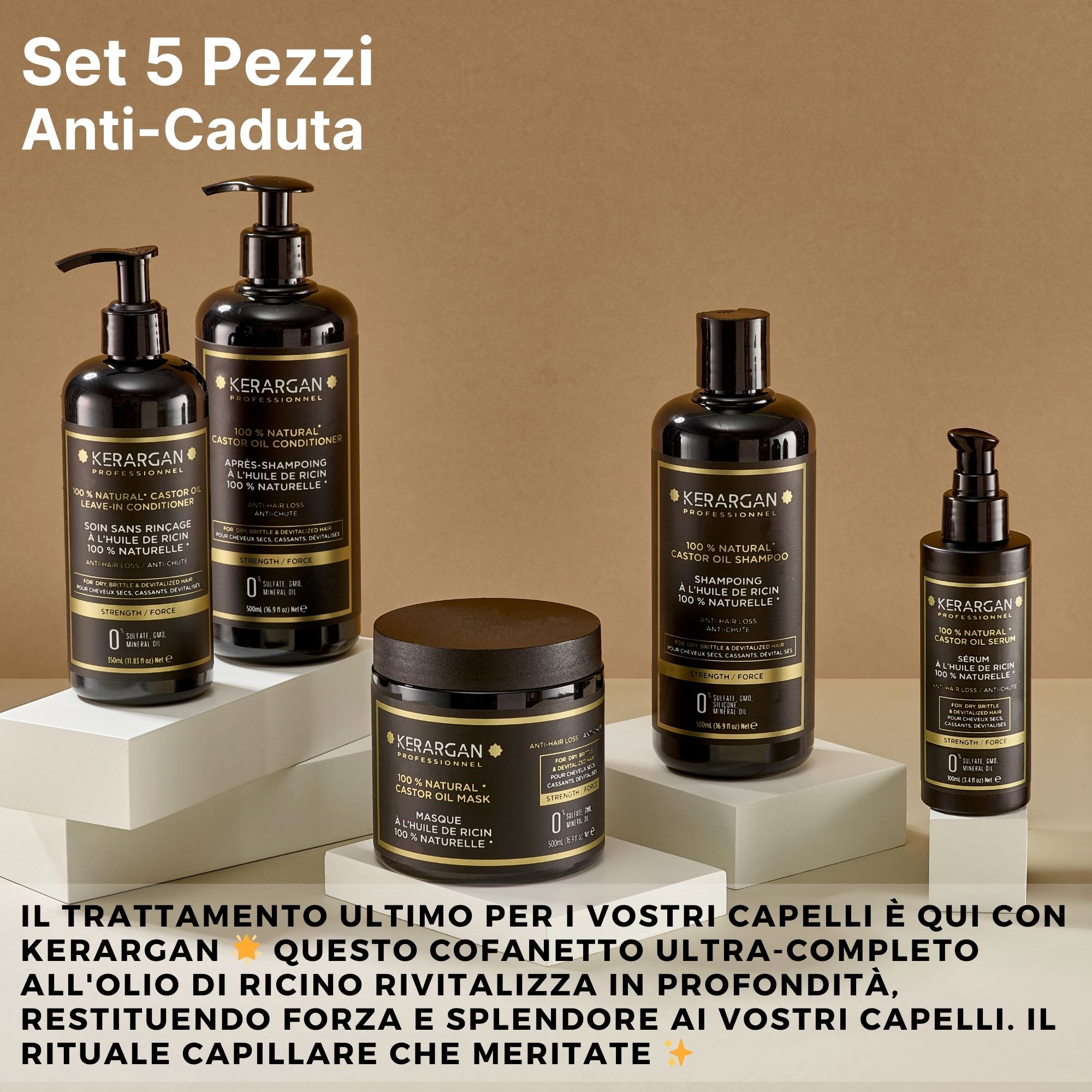 Kerargan - Anti-Haarausfall Set Shampoo, Conditioner, Maske, Serum, Leave-In Rizinusöl