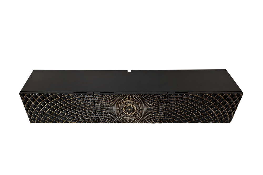 Hängendes TV-Board ILLUSION 160cm schwarz Mangoholz Massivholz mit 3D Schnitzereien gold