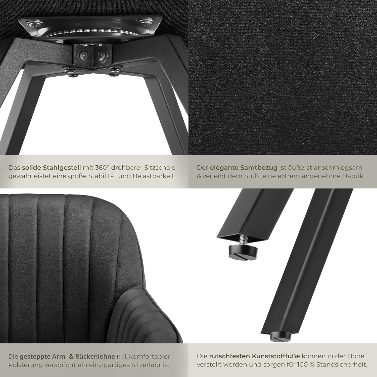 tectake® drehbare Esszimmerstühle mit Armlehne, Schalenstuhl ergonomisch mit Samt Bezug, gesteppt, Stühle drehbar für Wohnzimmer, Esstisch, Arbeitszimmer, Schminktisch, Küchenstühle - 6er Set, schwarz
