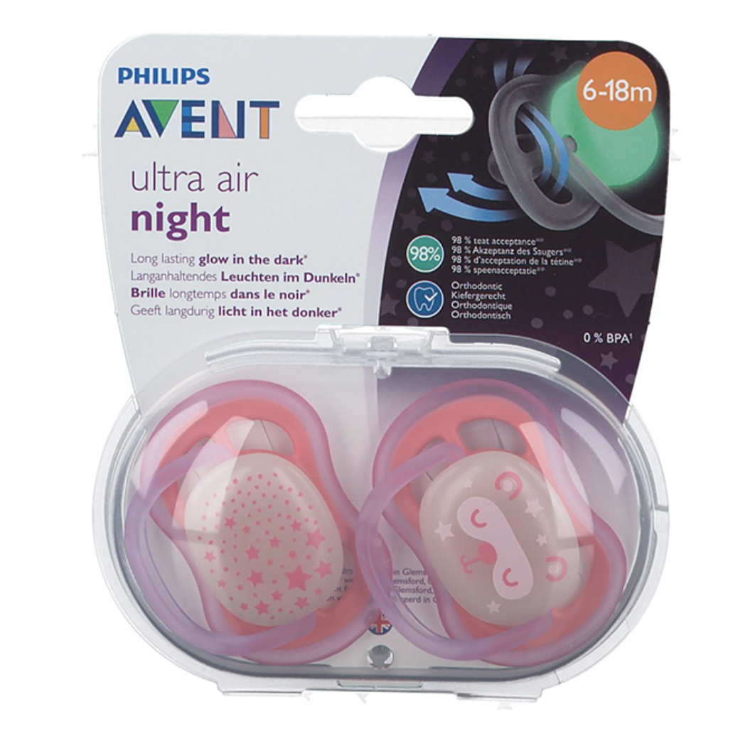 Lot 2 sucettes ultra air night rose 6-18 mois