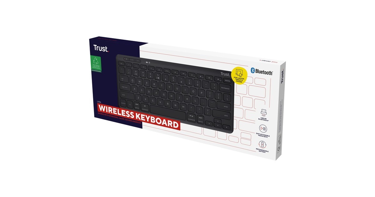 TrustLyra Compact draadloos toetsenbord  (Zwart, US lay-out, Scissor switches, 2,4 GHz USB, Bluetooth, 65%)