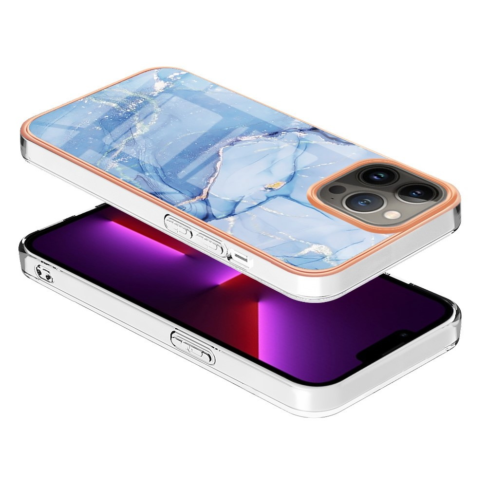 iPhone 13 Pro Gummi Case Hülle Galvanisierter Rahmen Marble Marmor Design - Hellblau / Roségold