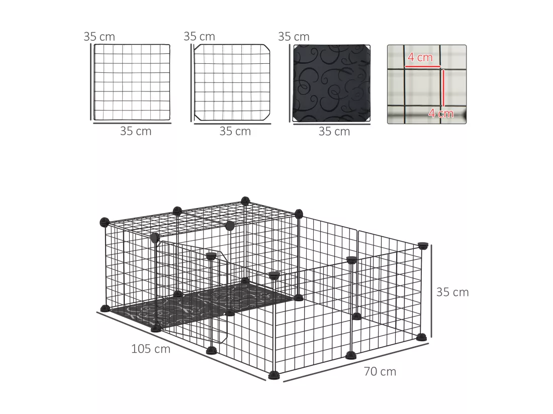 Cage parc enclos rongeurs modulable dim. L 105 x l 70 x H 35 cm résine PP fil métallique noir