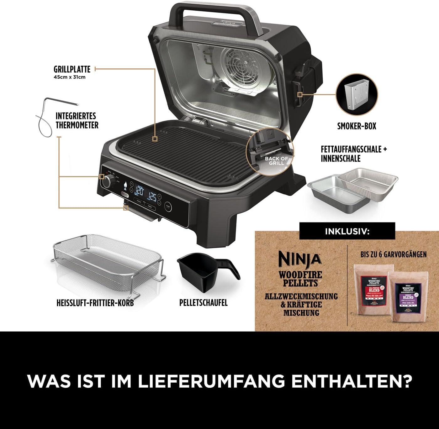 SharkNinja Woodfire Pro XL Outdoor Grill & Smoker Größer. Präziser. Mit den gleichen authentischen Holzfeuer-Aromen. Der Ninja Elektrischer & ist mehr als nur ein er bereitet noch deiner