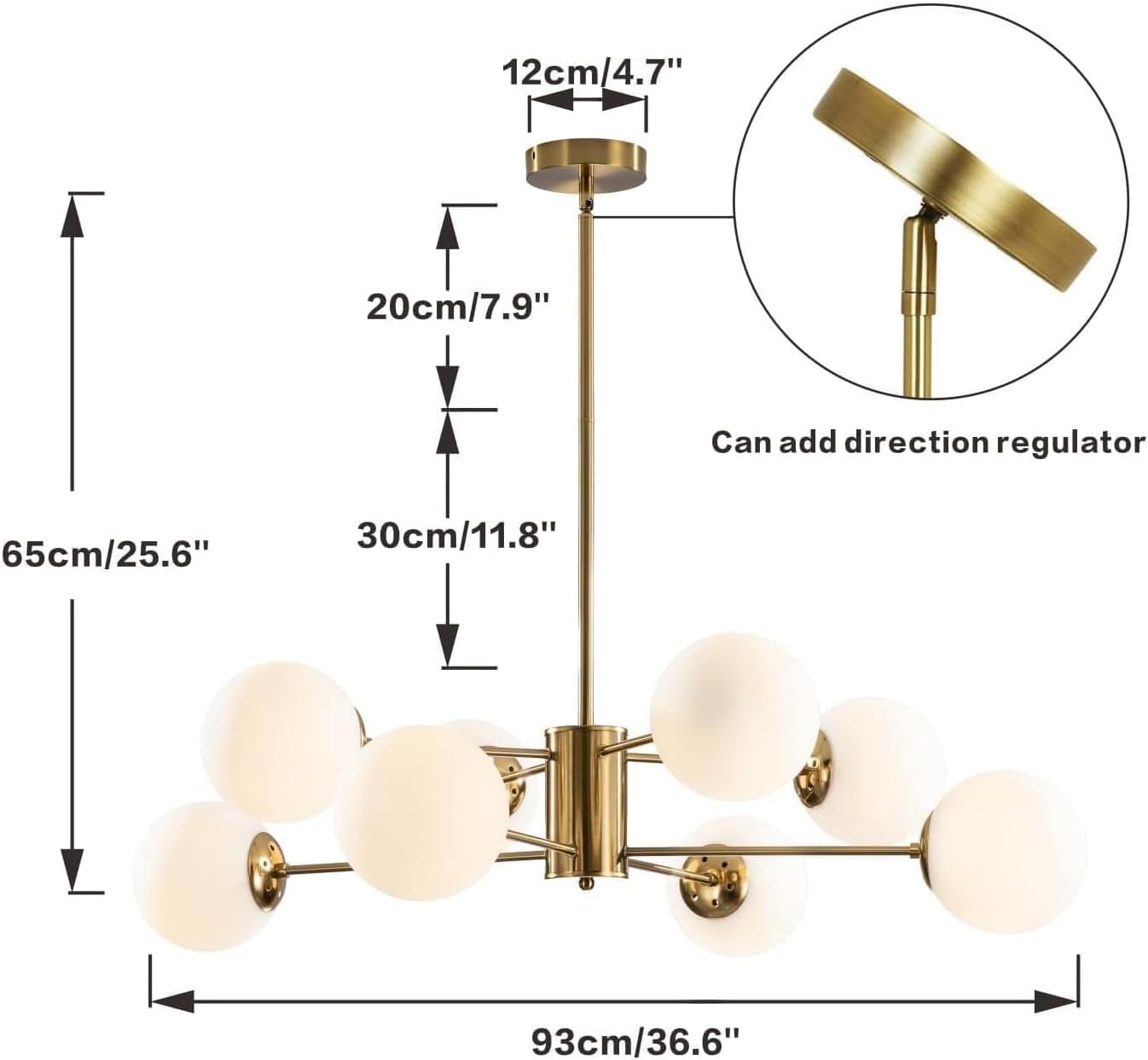 KCO Lighting 8-flammiger Sputnik-Kronleuchter aus Weißem Glas, Moderne Goldene Sputnik-Kronleuchter für das Wohnzimmer, Goldene Vintage-Pendelleuchte mit 8 Lichtern für die Kücheninsel