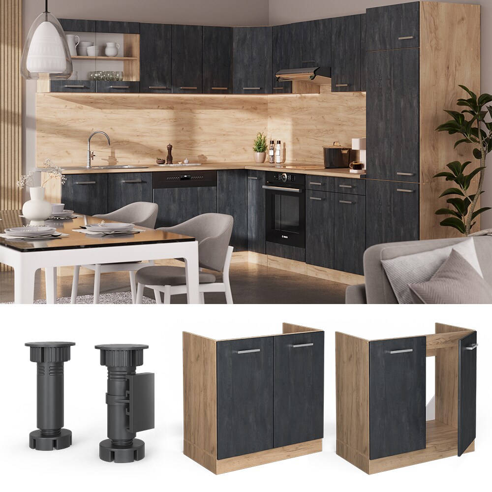 Vicco Spülenunterschrank R-Line Schwarz Beton Eiche 80 cm ohne Arbeitsplatte