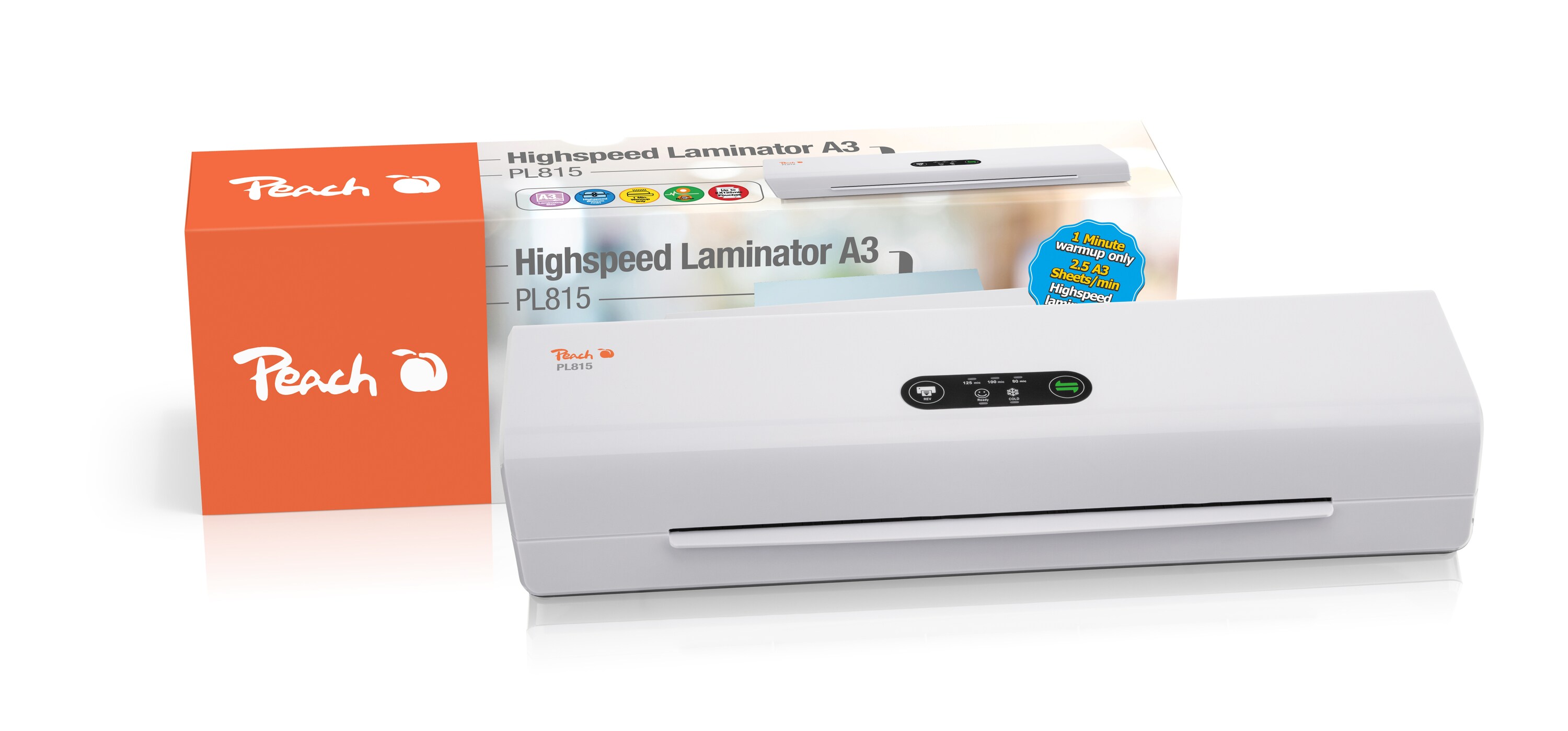 Peach Professional Highspeed Laminator A3 inkl. gratis Starterpaket | Schnell startklar nur 60 Sekunden vs. 3-5 Min. | 4 Folien A4 pro Minute / 4 Mal schneller als bisher üblich | PL815