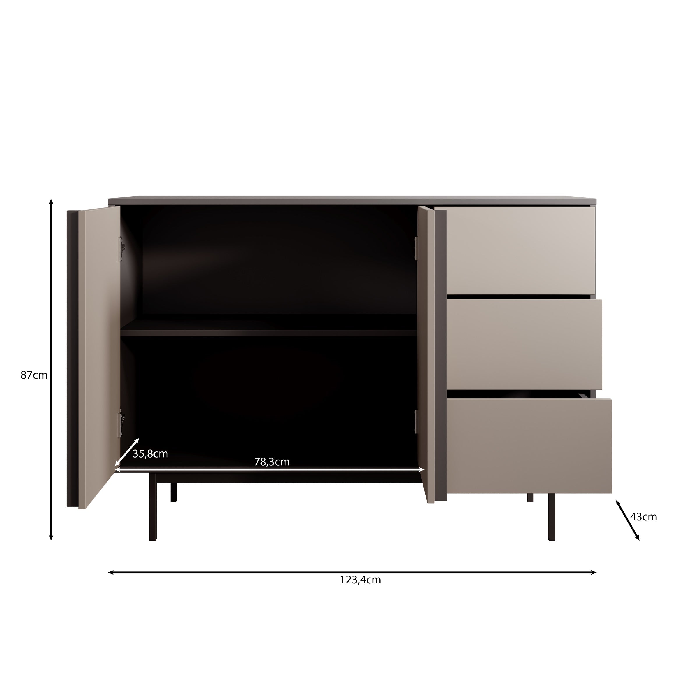Meubella - Antigo - Dressoir - Beige|Antraciet - 123x43x87 cm