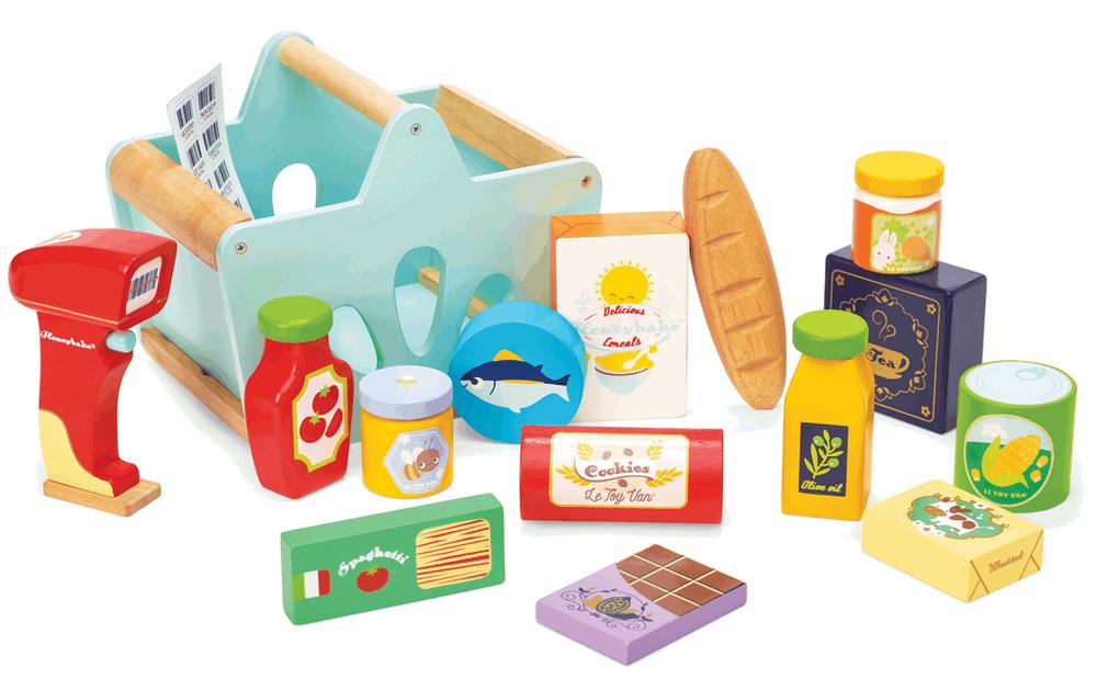 Spiel-Lebensmittel Gefüllter Einkaufskorb & Scanner16-teiliges Lebensmittel-Set aus Holz