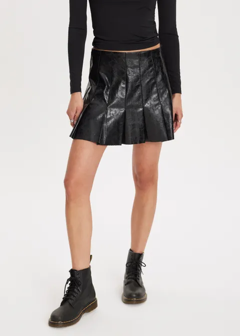Plooirok met leren look zwart (ZWART)
