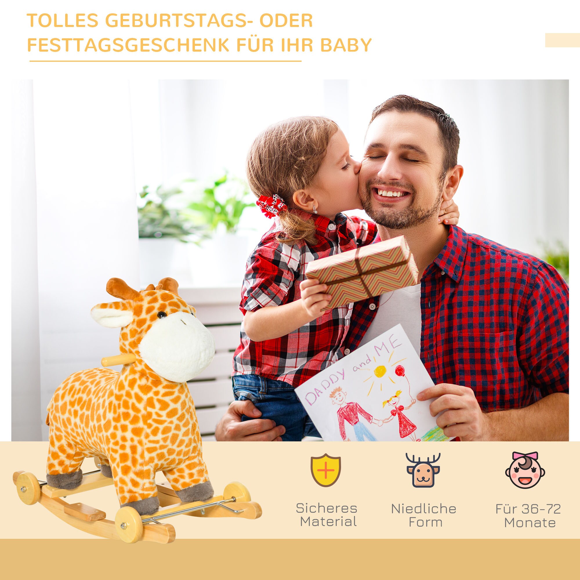 HOMCOM Schaukeltier Spielzeug, Triceratops, Giraffe Gelb 63 x 38 x 63 cm (LxBxH)