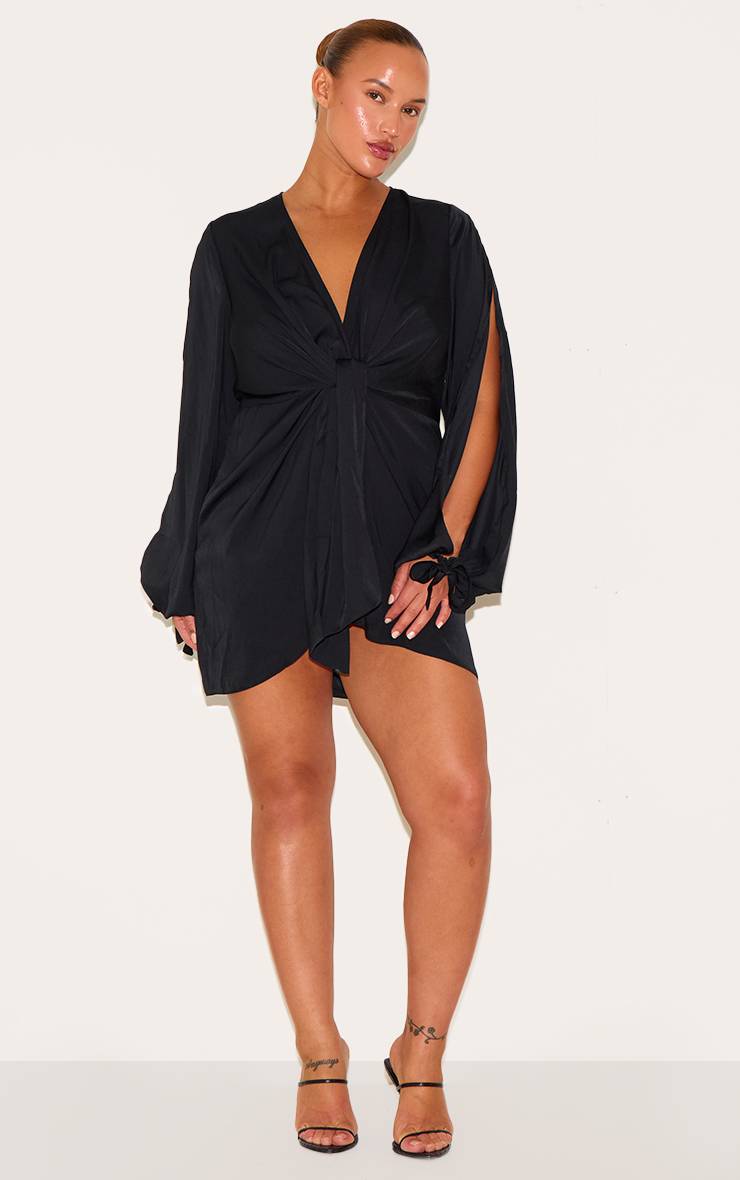 Noir Robe Portefeuille Grande Taille En Satin À Détail Torsadé Devant Et Manches Ouvertes