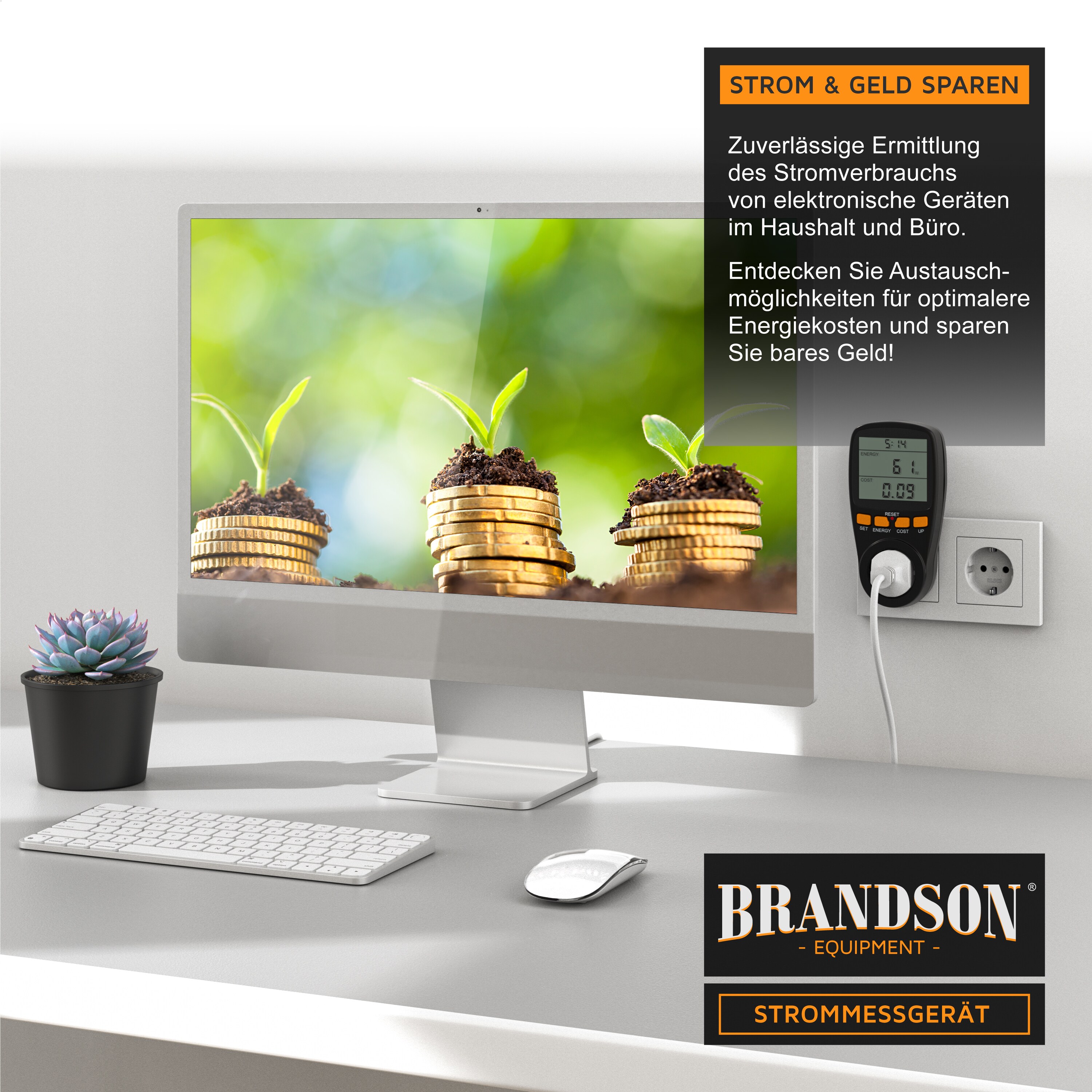 Brandson - digitales Energiekostenmessgerät - Strommessgerät, Energiekosten Anzeige - Stromzähler Steckdose - 3680W - Energiemessgerät