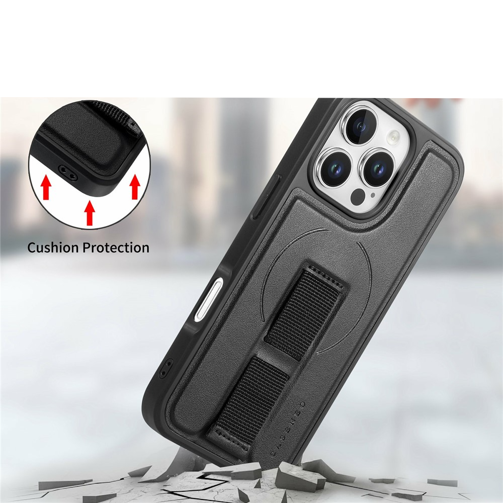 iPhone 16 Pro Max MagSafe Hybrid Hardcase Hülle mit Leder Rückseite   Finger Griff Halterung - Schwarz