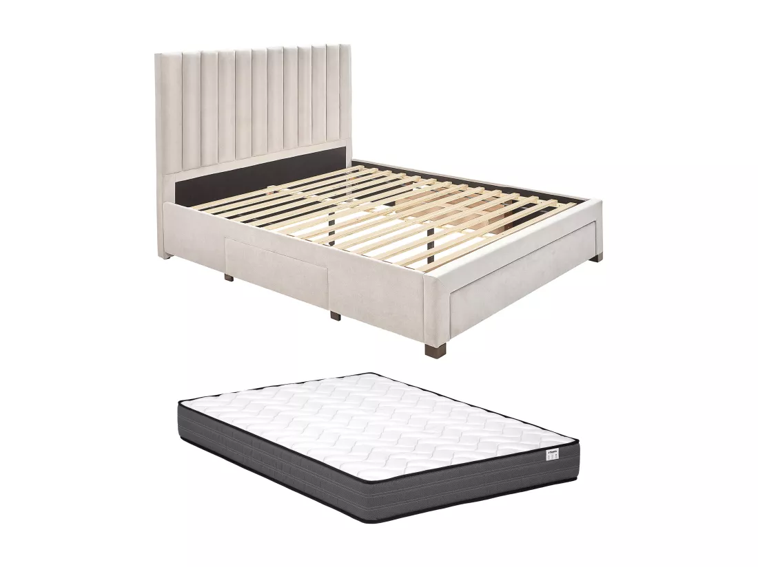 Lit avec 3 tiroirs 160 x 200 cm - Tissu - Beige + Matelas - LIAKO
