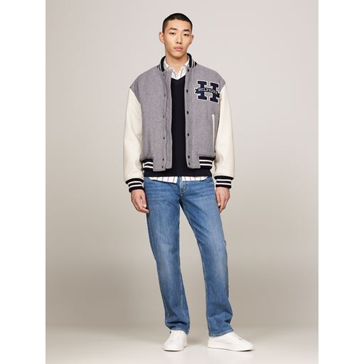 Tommy Hilfiger Leather Varsity Bomber Jakke, Light Grey Heather, XL